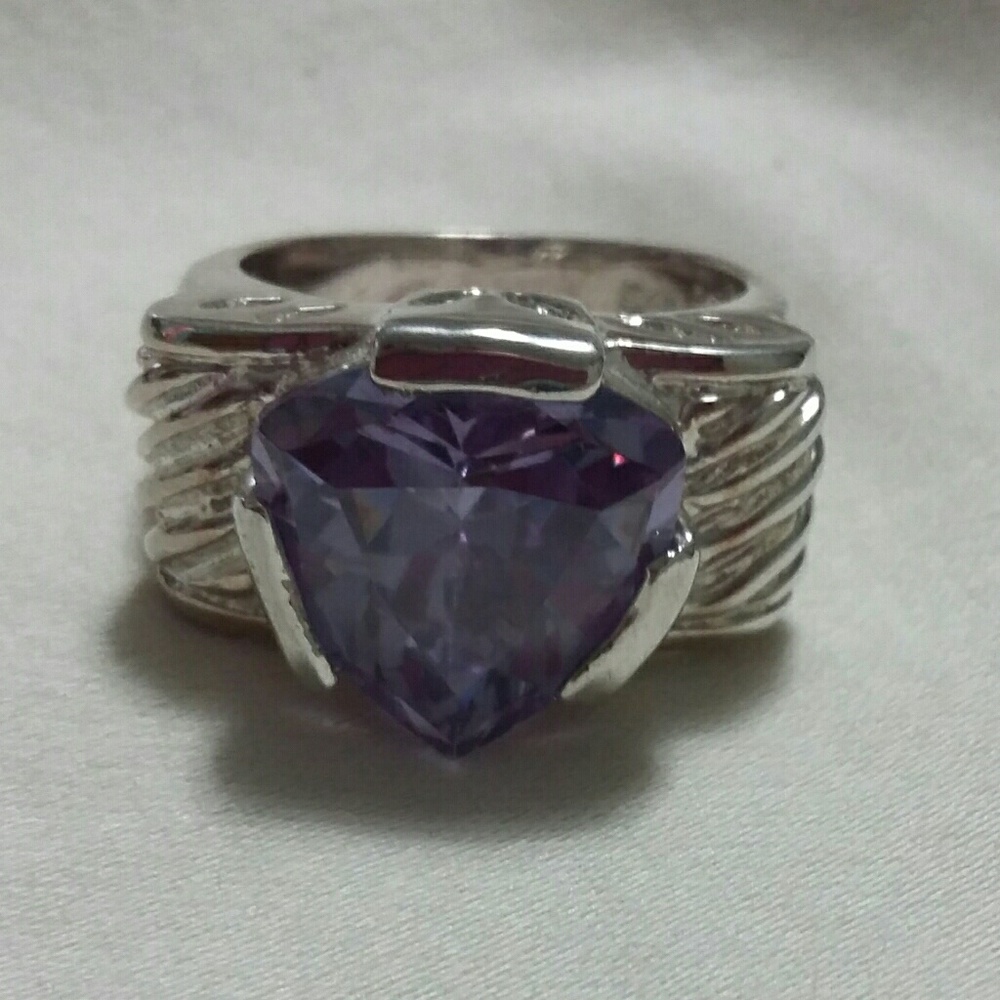Trillion Cut Amethyst Silver Ring, 7.5, 7 1/2